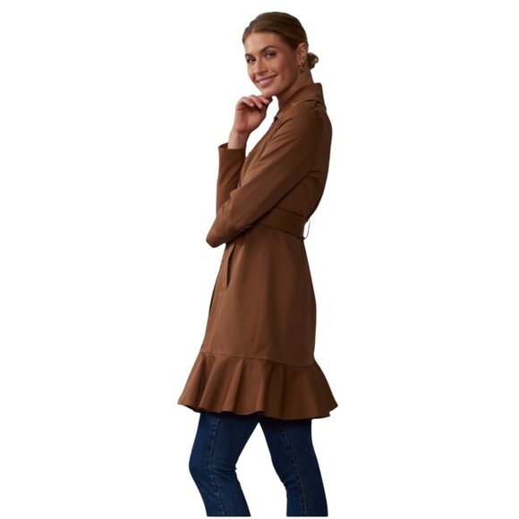 New York & Company Brown Double-Breasted Belted Trench Coat Ruffle Hem Womens XL - Picture 11 of 16